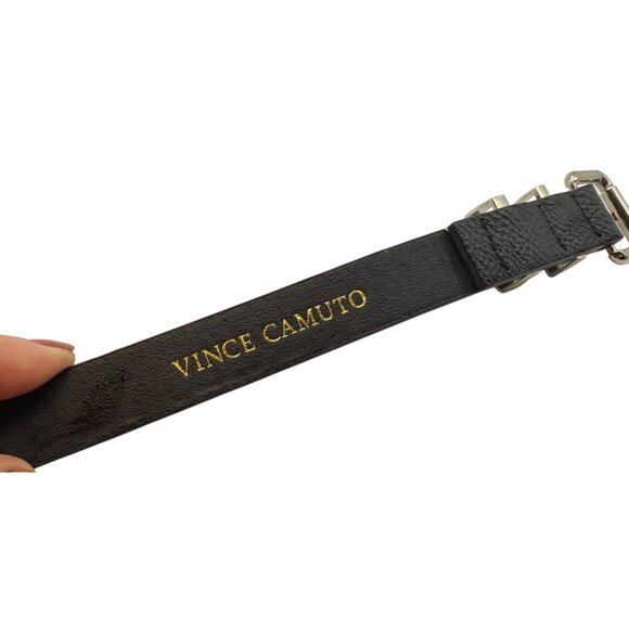 Vintage Vince Camuto Black Leather Belt Silver Buckle XL XXL V Detail Designer - Picture 3 of 4